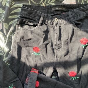 Zara black boyfriend jeans with embroidered red roses